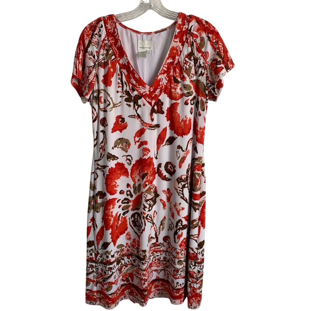 Donna Morgan Womens Sz 12 Red White Floral V-Neck Short Sleeve Midi Shift Dress